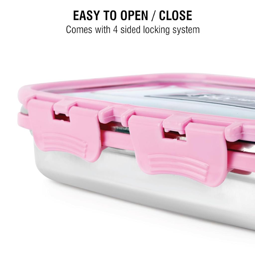 Insulated Stainless Steel Lunch Box For Work Or School With Veg Snack Box And Leak-Proof Lock In Elegant Pink Design