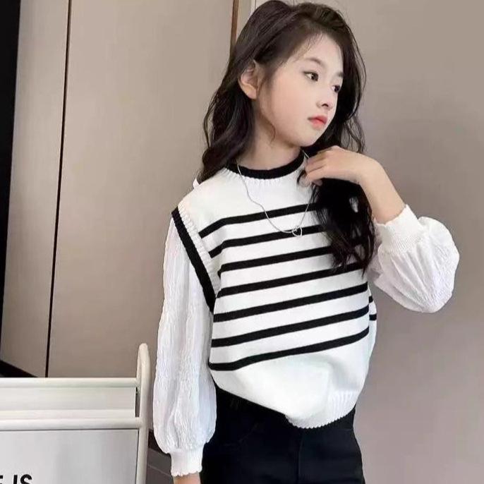 Girls Spring Striped Knit Sweater Fake Two Piece Princess Casual Top 90