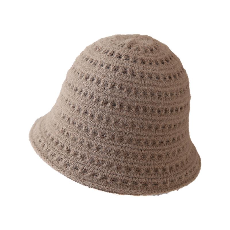 Hollow knitted bucket hat women's spring and autumn new solid color versatile basin hat showing small face breathable sunshade bucket hat