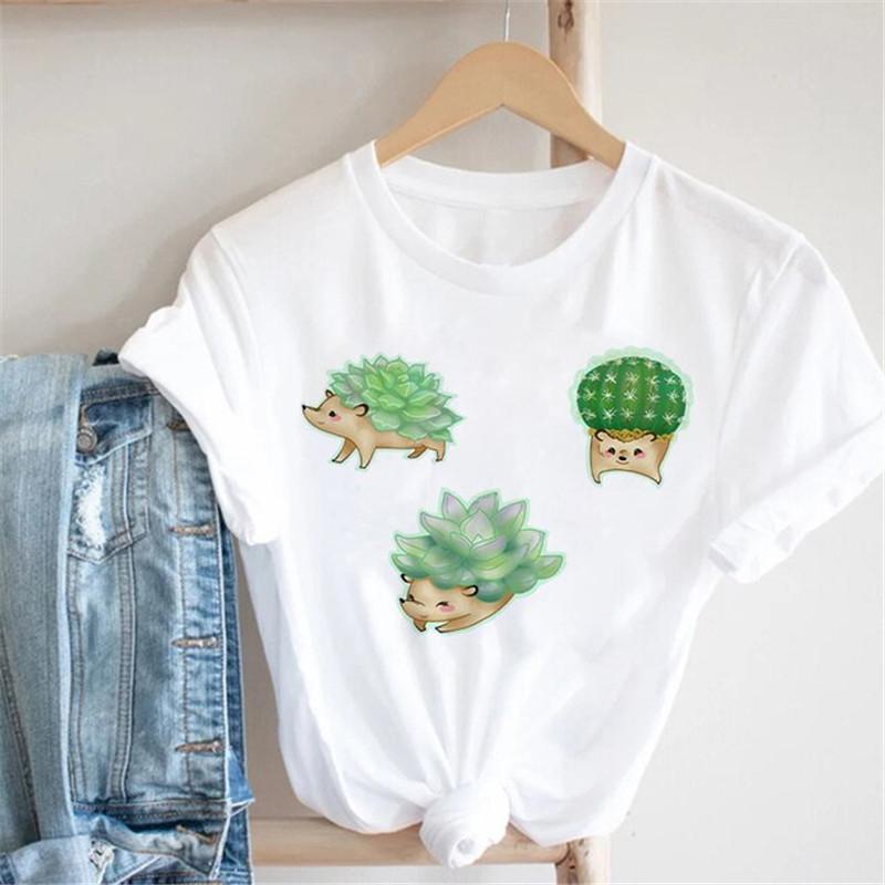 Pink Women Tshirts Casual Cute Cartoon Hedgehog Floral Graphic Print Female Tee Tops Harajuku Fashion Short Sleeve T Shirt Femme