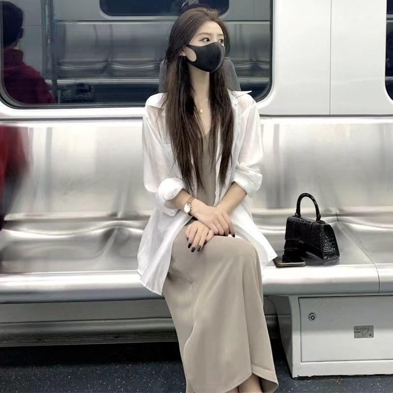 

Elegant Queen-Celebrity Salt Street Style: Versatile White Sun Protection Shirt & Suspender Dress Set - Cool & Sweet S