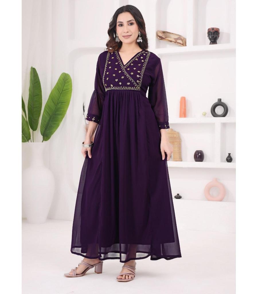 Women Designer Georgette V-Neck Gown Kurta Indian Bollywood Anarkali Top Tunic Kurti