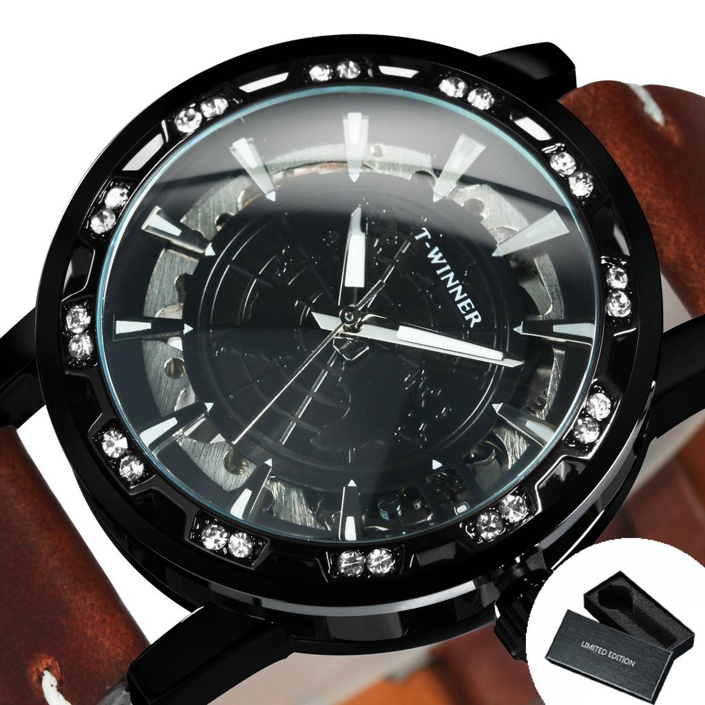 WINNER Classic Iced Out Skeleton Mechanical Watches Luminous Hands Luxury Gold Watch for Men Vintage Brown Leather Strap Clock