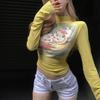 2KWEIRD Sweet Sexy Kawaii Cat Print Camisetas Half High Collar Women Vintage Short Tshirts Y2k Slim Waist Crop Tops Skinny Yellow Tees