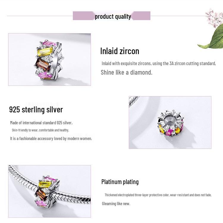 Silver Ziyun Square Zirconium Spacer Beads, 925 Sterling Silver, Platinum-Plated, Korean Fashion DIY Jewelry Accessories SCC1182.