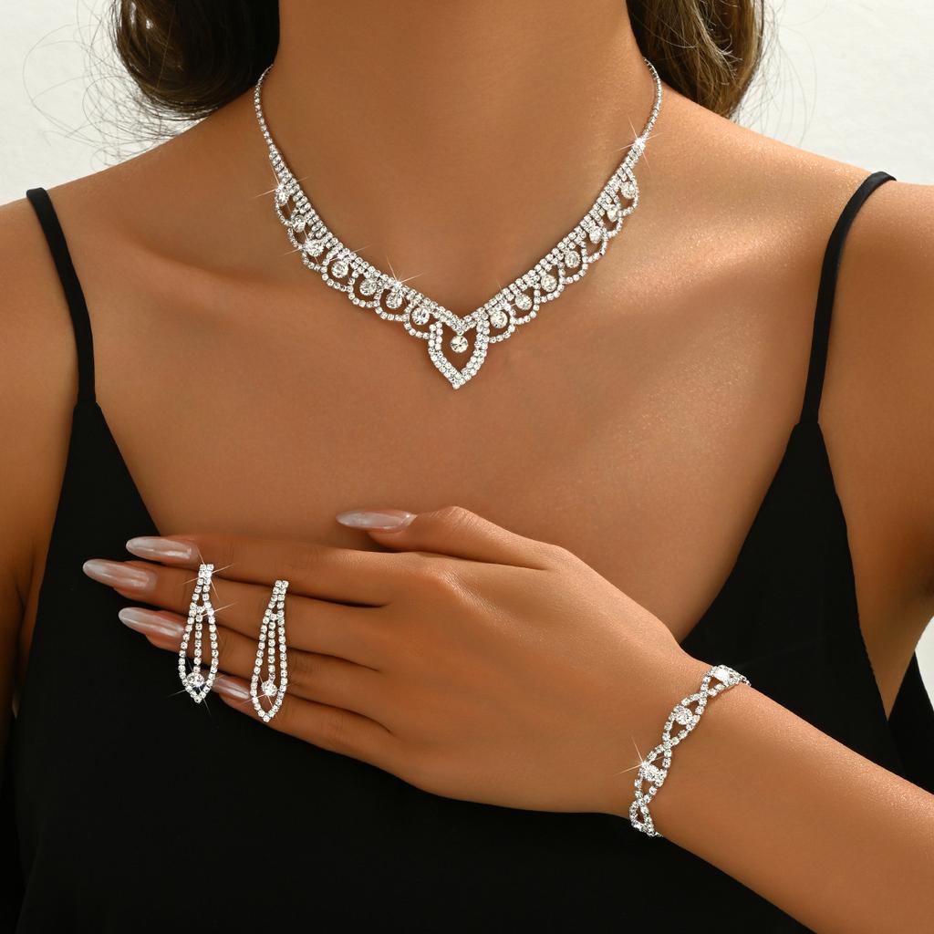 Lace Circle Rhinestone Women's Silver Necklace Earrings Bracelet Ring Four-piece Wedding Photography