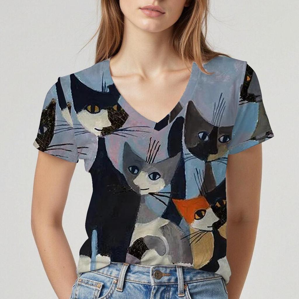 Summer V-neck 3D Cartoon Cat Pattern Printed Top Fashionable Casual Short Sleeved Women's T-shirts