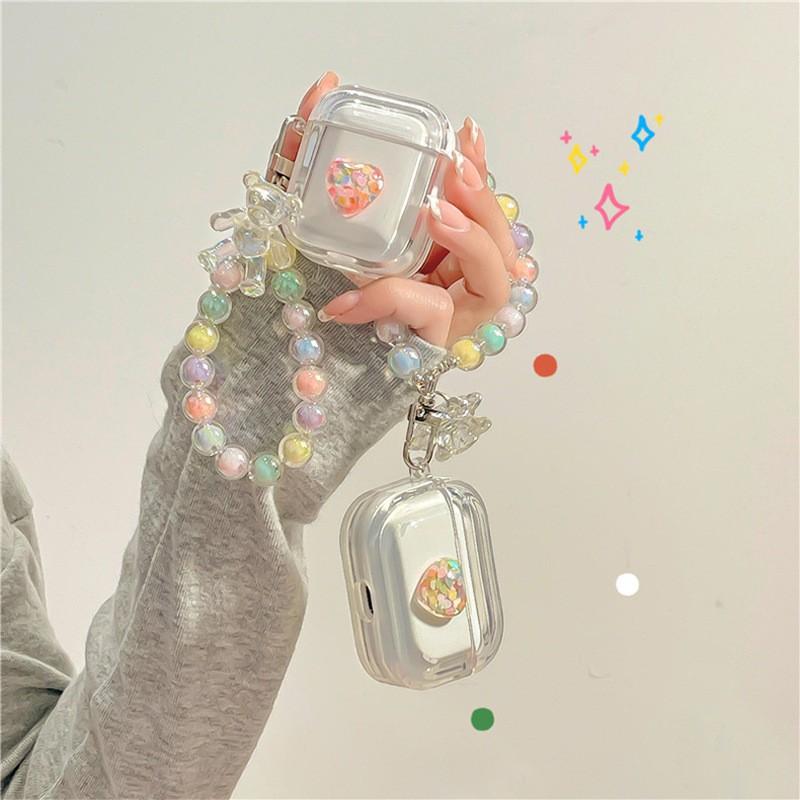 AirPods 1/2 Color Bead Handheld Chain Apple Bluetooth Protective Cover 3rd Generation Earphone Case Pro 3D Love