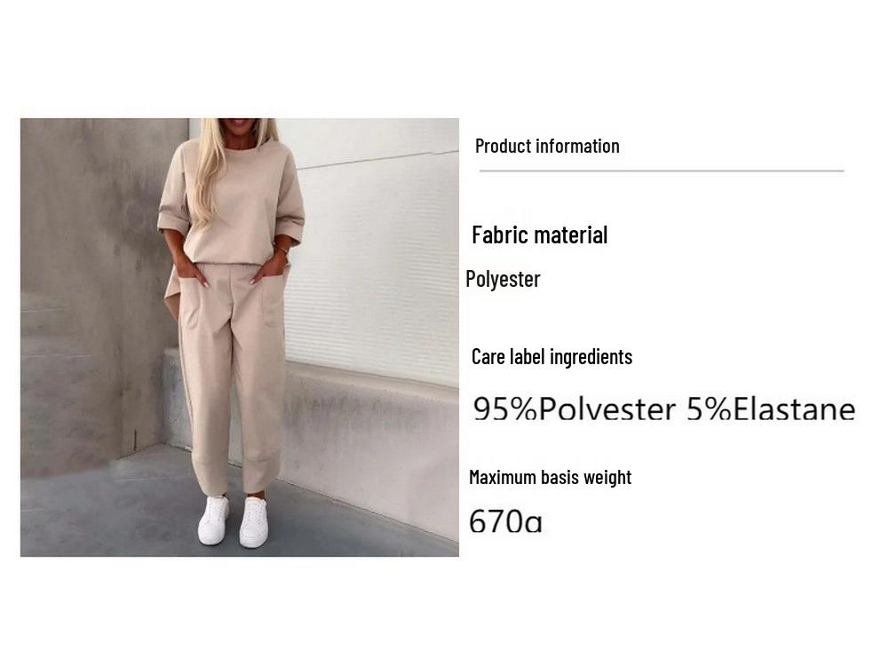 2024 Women's Autumn Casual Two-Piece Set: Solid Color Crew Neck Top and Nine-Point Pants.