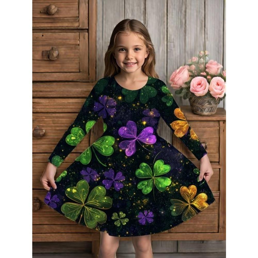 Girl Casual 3D Four-leaf Clover Print Round Neck Long Sleeve Dress Kid Princess Dress