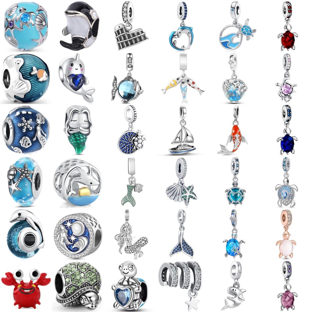 Pandantiv Charm Ocean Argint 925 Broască Țestoasă Delfin Sirenă Brățară DIY Bijuterii Cadou Femei Modă Seria Albastră