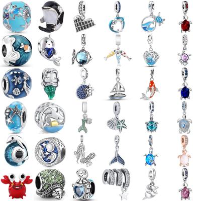 Srebro 925 Amulet Oceaniczny Żółw Delfin Syrena DIY Bransoletka Biżuteria Prezent dla Kobiet Modny Niebieski Seria