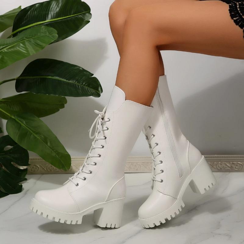 Fashion Small People Heightened Platform Block Heel High Boots Women's Autumn and Winter New 2025 Lace-up Knight Boots