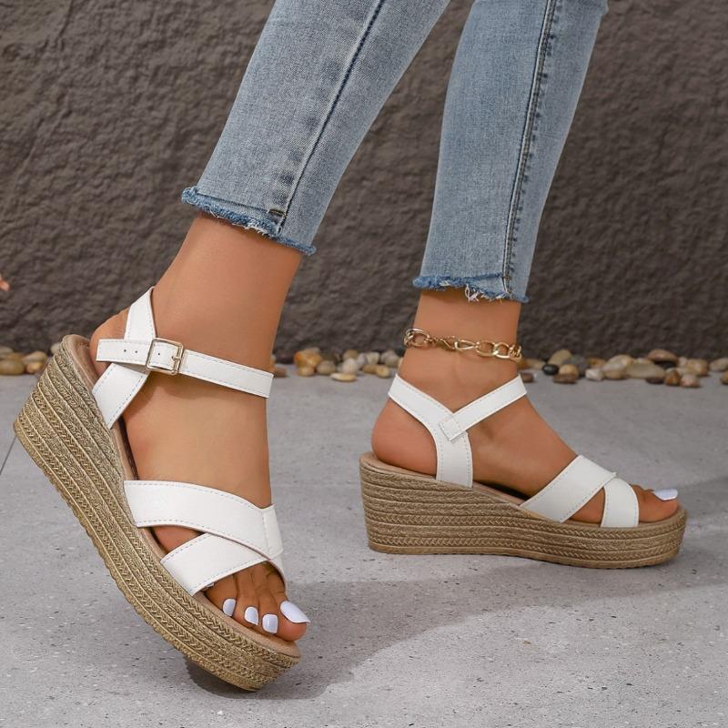 Slippers med kilehæl Dame Ensfarget Casual Sandaler i skinn Sandaler med kilehæl