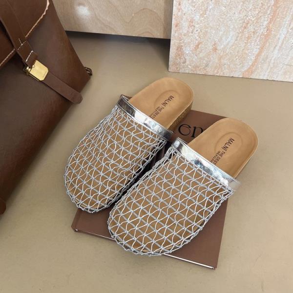 Fashion Slippers Women Summer Cover Toe Slides Female Shoes Fretwork Heels 2025 Soft Mesh Fabric Female Shoes Cover Toe Slippers Soft Sl