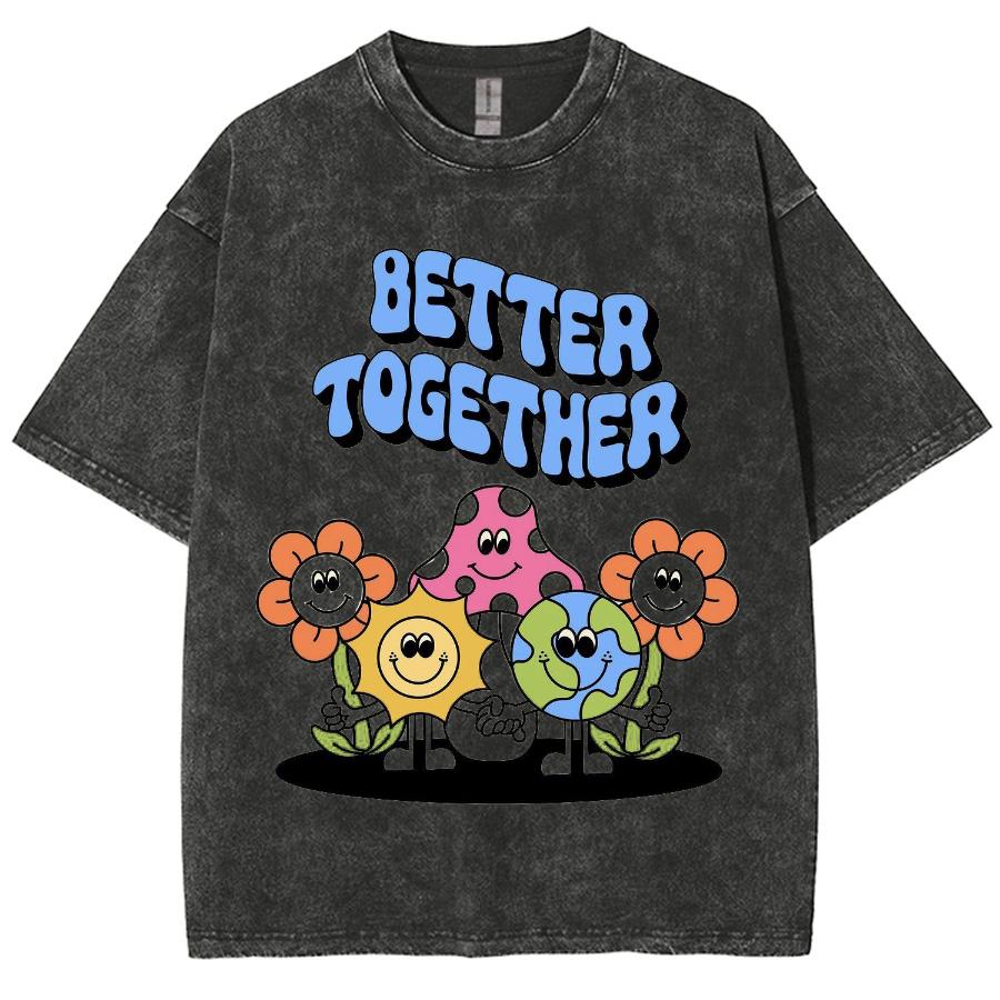 Flowers Print Women's T-Shirt Washed Fabric Oversized High Quality Half Sleeve Casual Design Cute Style Top Student Tees