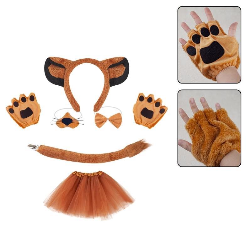 Lions Cosplay Set Dogs Ear Hair Hoop False Nose Brown Mesh Skirt Plush Tail Bowtie Lions Ear Headband for Halloween