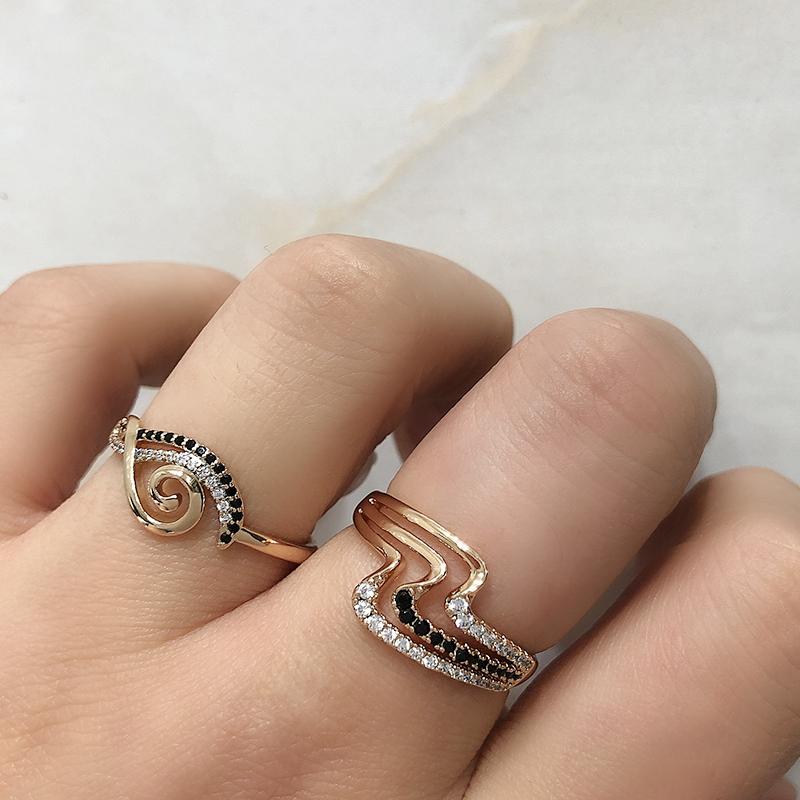 Luxury Rose Gold Natural Black Zircon Ring Fashion 3 Rows Waves Rings For Women Vintage Wedding Jewelry