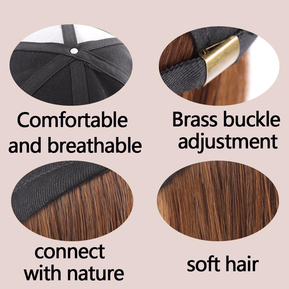LUPU 18 Inch Long Synthetic Baseball Cap Hair Wig Straight Hair Wig with Black Hat Black/Brown One Size Adjustable for Women