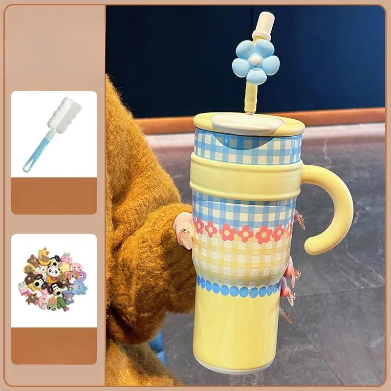 

New 1200ML 316 Ceramic Inner Insulated Cup, King Cup, Double Drinking Straw Water Cup, Women s High Beauty Water Cup 1200ML