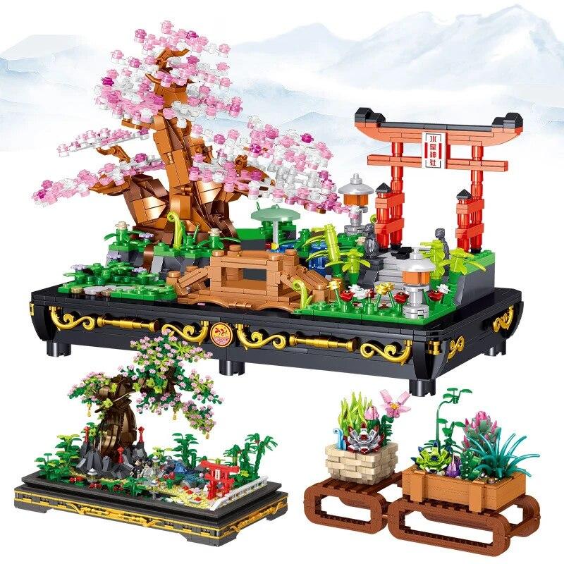 Simulation Bonsai Plant Succulents Sakura Blossom Potted Mini Building Blocks City Street View Tree Flower Bricks Toys Gifts