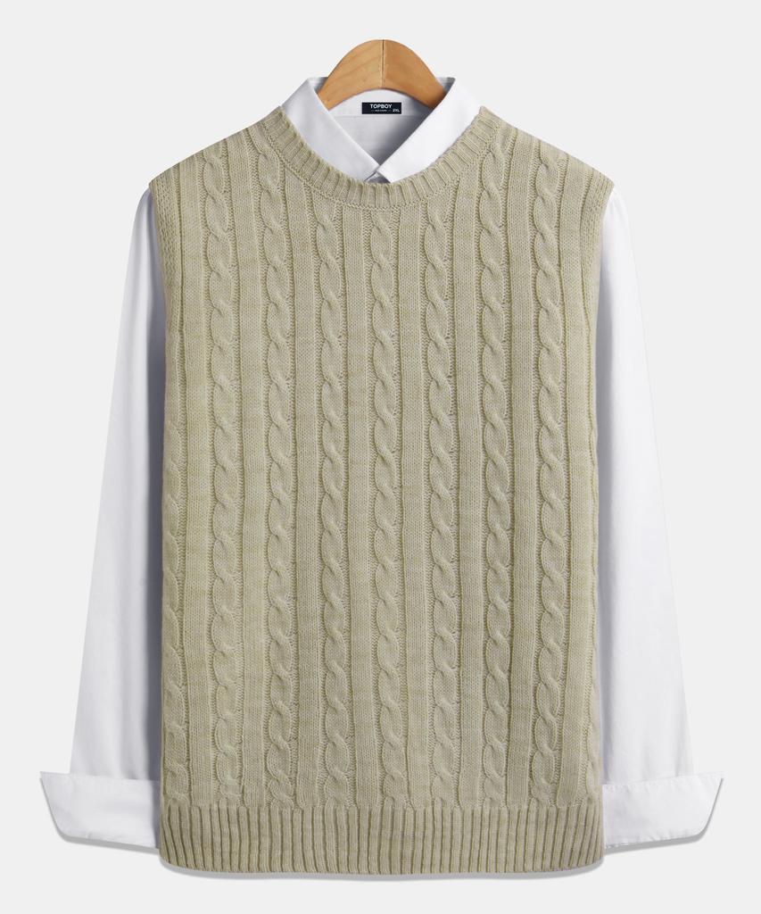 Topboy Regular Fit Cable Knit Round Neck Vest Beige