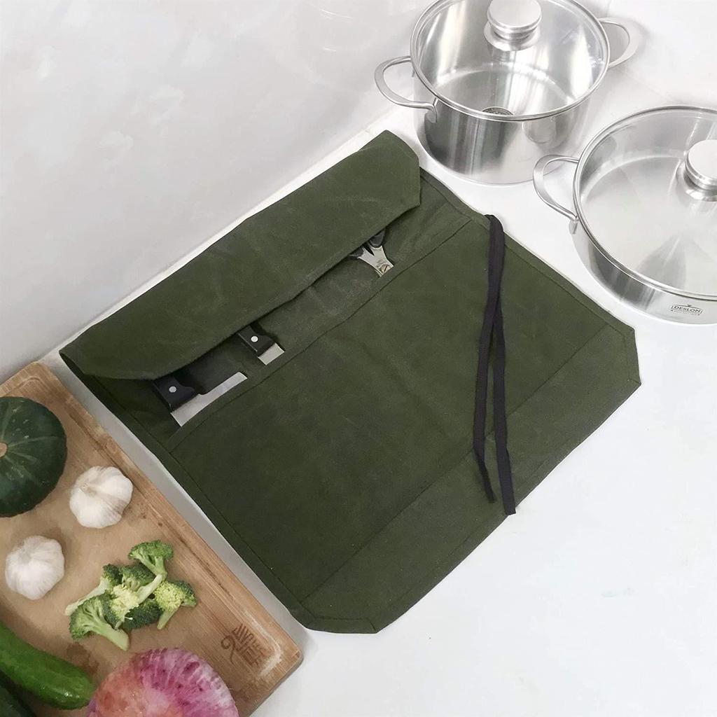 Portable Waxed Canvas Knife Storage Bag for Chefs and Outdoor Activities