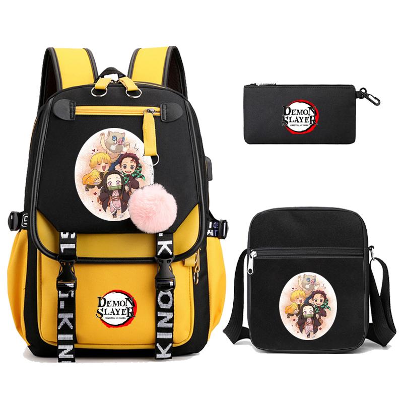 3Pcs/set Demon Slayer Kamado Nezuko Backpacks for Girls Anime School Bag Teenager Student Canvas Laptop Back Pack Women Rucksack