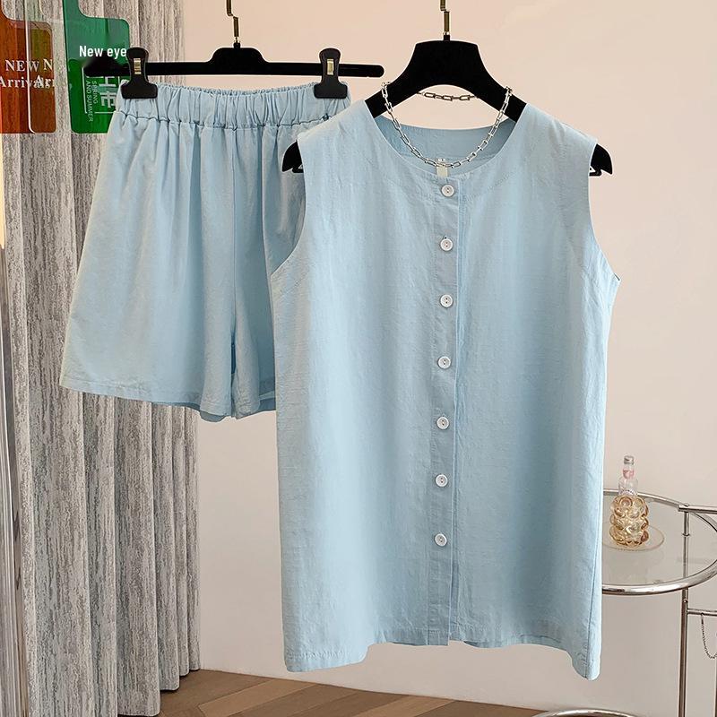 

Korean Style Summer Sleeveless Shirt & Elastic Waist Shorts Set - Relaxed Fit 2XL небесно-голубой