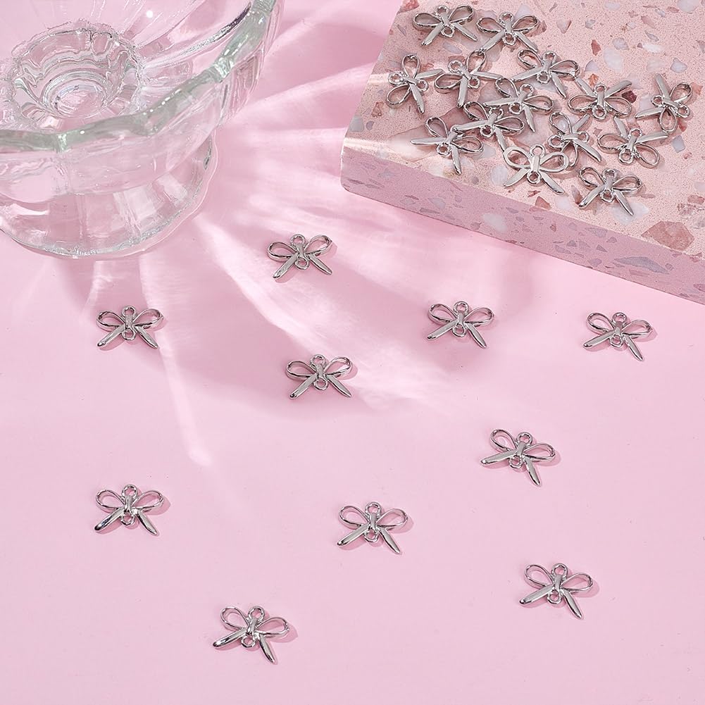 24 Pcs Bow Connector Charms, Real Platinum Plated Brass Bowknot Charms Metal Connector Pendants with 2 Holes for DIY Earrings Bracelet Necklaces