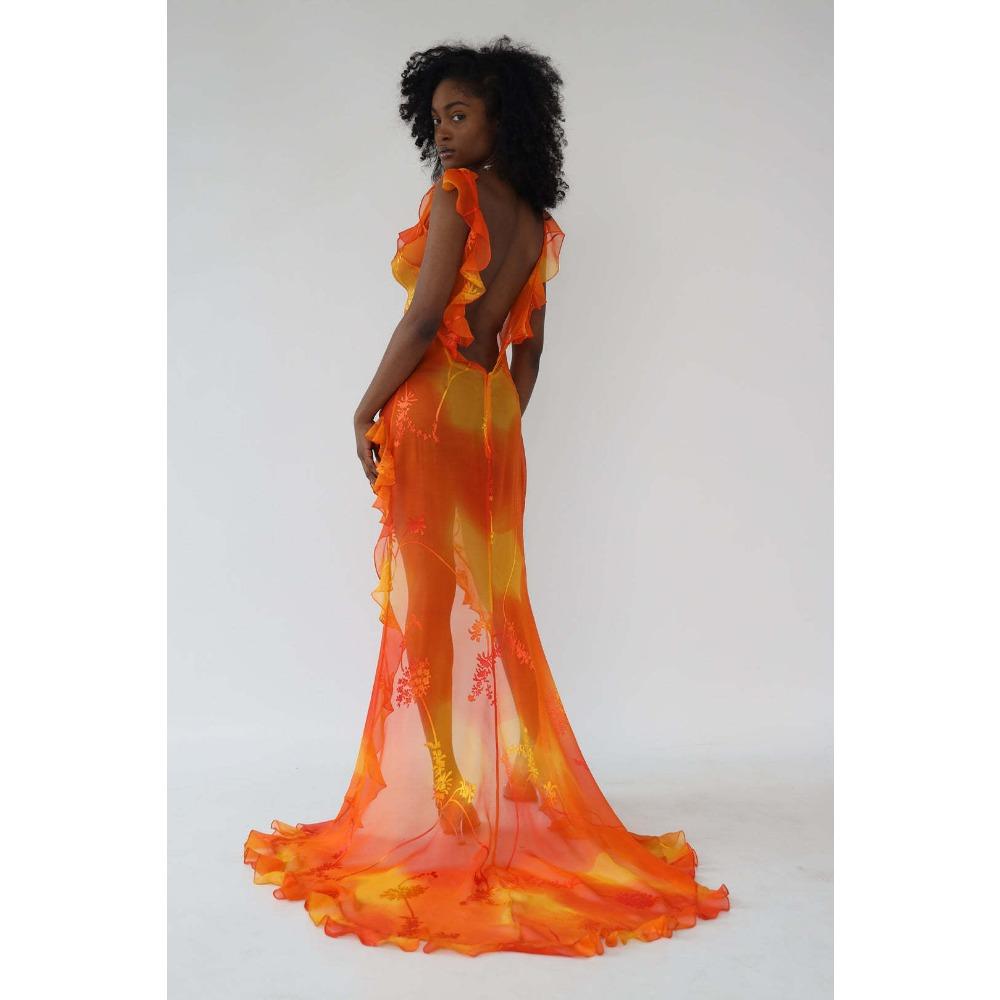 Women's U Neck Sleeveless Maxi Dress Slim Fit Mid Waist Sexy Floral Tie Dye High Slit Ruffle Chiffon Party Dress