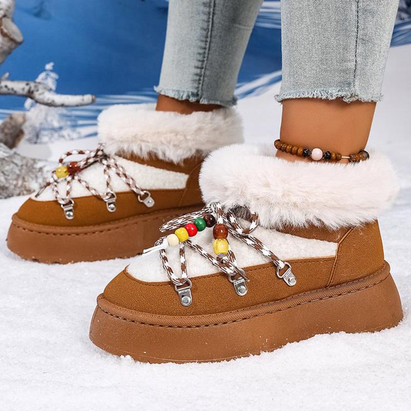Bohemian Lace Up String Bead Snow Boots Women Winter Soft Faux Fur Warm Ankle Boots Woman Plus Size36-43 Platform Botas Mujer