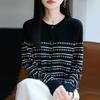 Autumn Winter Vintage Striped Patchwork Knitting Cardigan Top Women Casual Fashion Buttons Sweater Coat