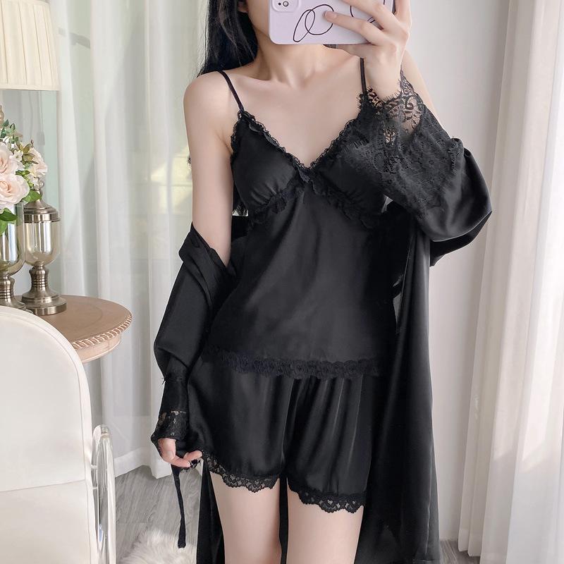 Internet Celebrity Spring and Summer Women's Pajamas New Thin Solid Color Lace Ice Silk Suspender Shorts Vest Loungewear Set