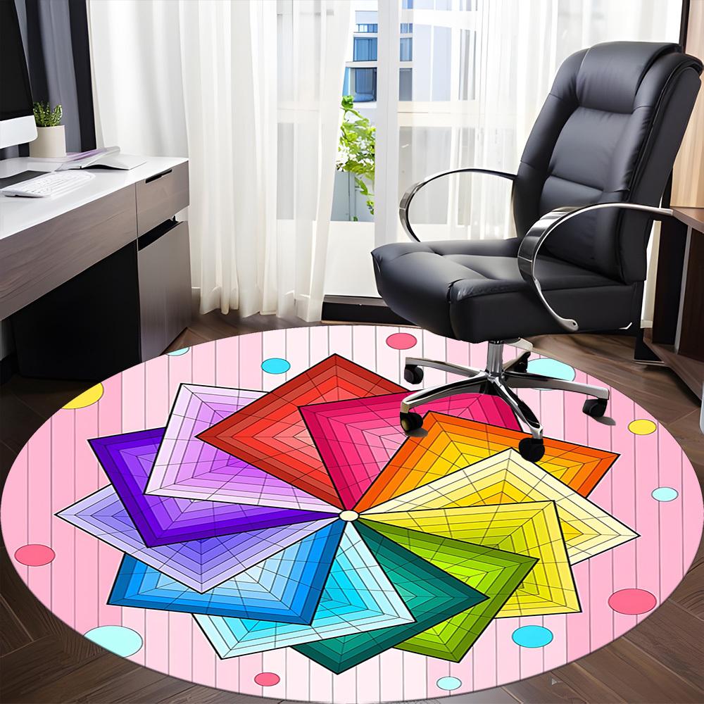 1pc Color Wheel Mandala Chair Carpet for Office, Round Polyester Mat, Indoor Decor for Office, Easycare Fabric, Washable Non-slip Area Carpet