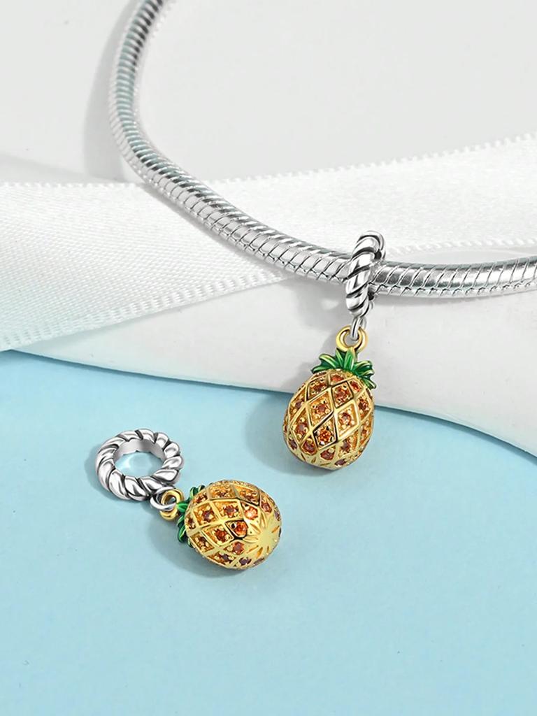 Copper Metal Plated Authentic Original Charm Bead Components Cool Pineapple Coconut Tree Bead Components Compatible With Bracelet High Quality Fine