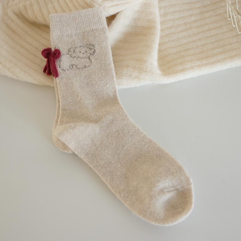 Socks, Rabbit Wool, Thickened Warm Bow, Dog Cat, Cute Socks, Piles Of Socks, Medium Socks One size грязно-белый