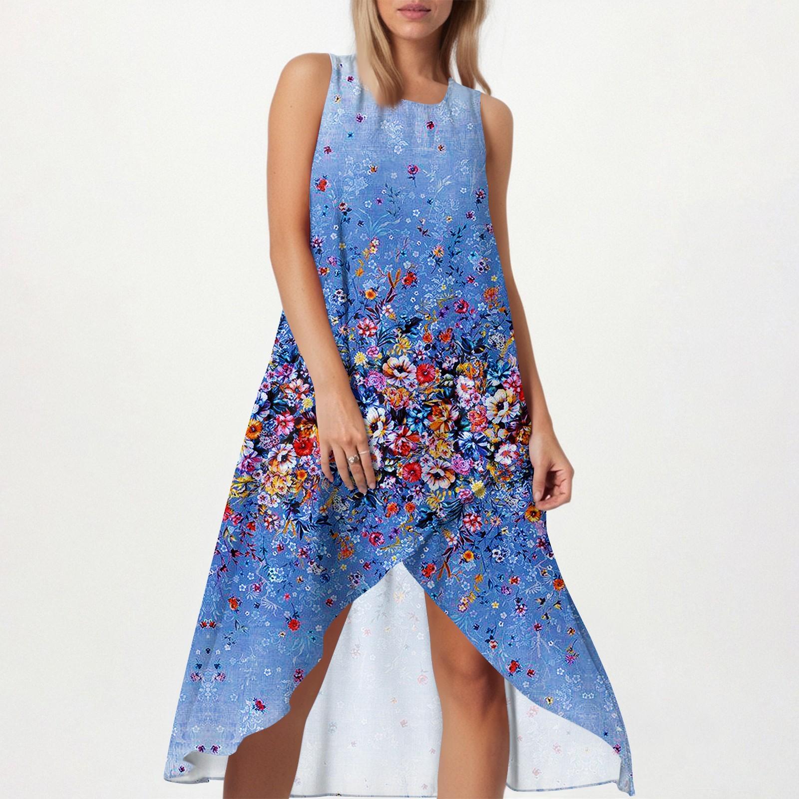 

Женское свободное повседневное модное платье с квадратным круглым вырезом, однотонное, пляжная юбка с разрезом сбоку, без рукавов, юбка из хлопка и льна XL синий