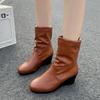 Bohemia Solid Brown Pu Mid Calf Booties Women 2025 Autumn Round Toe Non Slip Wedge Heel Boots Pleated Slip On Boots
