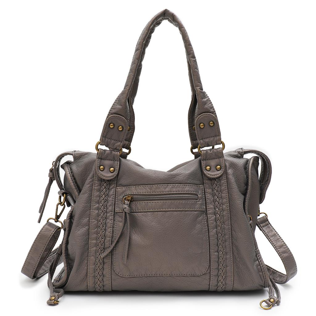 Vintage Washed PU Leather Large Capacity Tote Zip Pockets Braid Decor Shoulder Cross body Bag Unisex Women Daily Travel Handbag