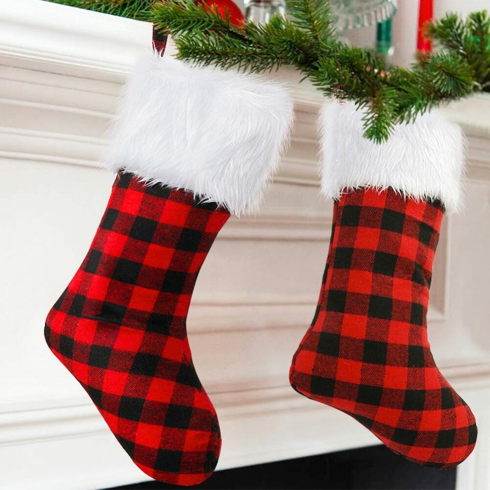Christmas stocking with a checkered pattern for the fireplace, gifts, pendant, decoration, Christmas tree