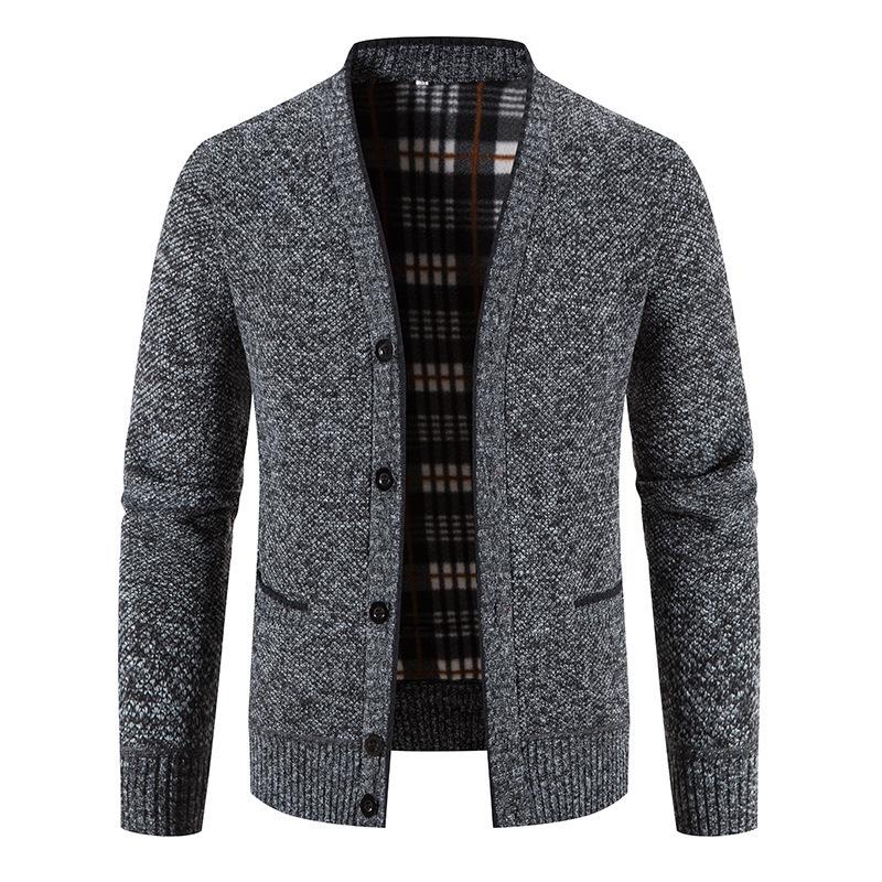 Men's Light Gray V-Neck Button Cardigan Sweater with Chest Pockets and Plaid Lining