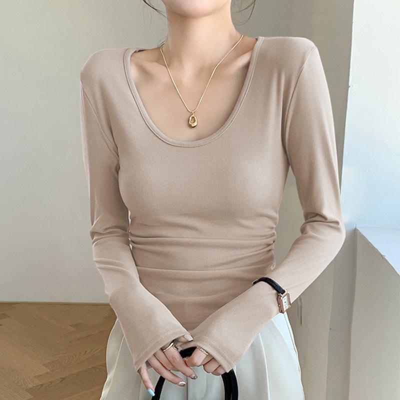 Women's Slim Fit U-Neck Ruched Long Sleeve Top - Autumn/Winter Style