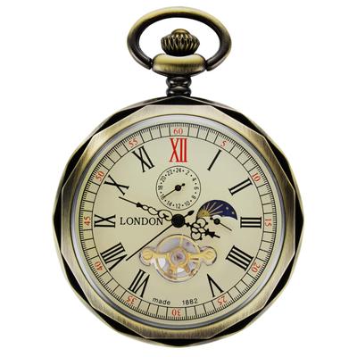 TREEWETO Mechanische Taschenuhr, Bronze, römische Ziffern, offenes Zifferblatt, 24-Stunden-Tages- und Monatsanzeige, Kette, Geschenkbox enthalten +