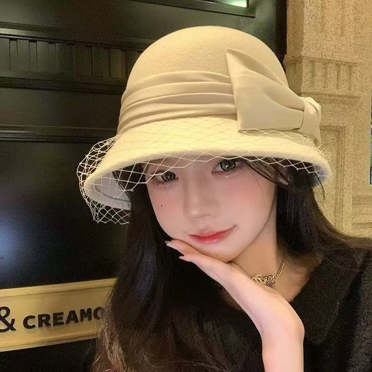 French elegant mesh bow 100% wool bucket hat women's autumn and winter Hepburn basin hat temperament celebrity top hat