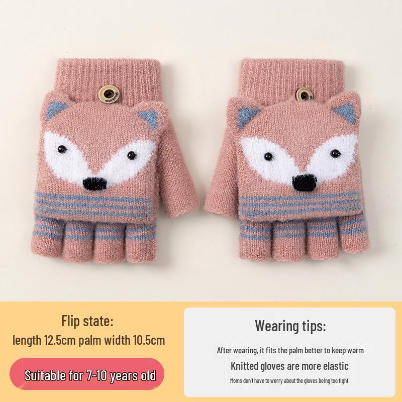 Kids' Cute Flip-Top Fingerless Fox Gloves - Warm Cartoon Design for Autumn and Winter