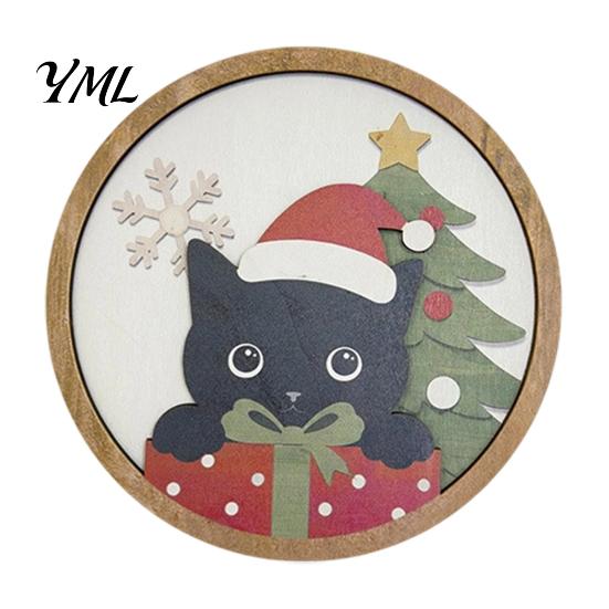 Decorative Wooden Plaques Christmas Black Cat Wall Decor, Layered Hanging Sign, Round 2D Holiday Gift Ideas Flat Art Decoration for Living Room