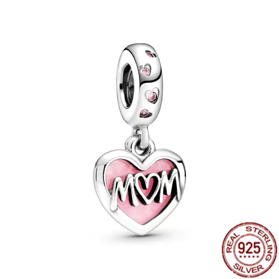 Fine S925 Sterling Silver Love You Mom Double Heart Split Dangle Charm Beads Fit Original  Bracelet DIY Women Jewelry Gift