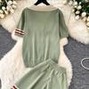 Lässiges Strick-Set mit süßem Welpenmotiv für Damen, Sommer, Umlegekragen Pullover-Top und Weitbeinige Hosen, Zweiteiliges Set für Damen