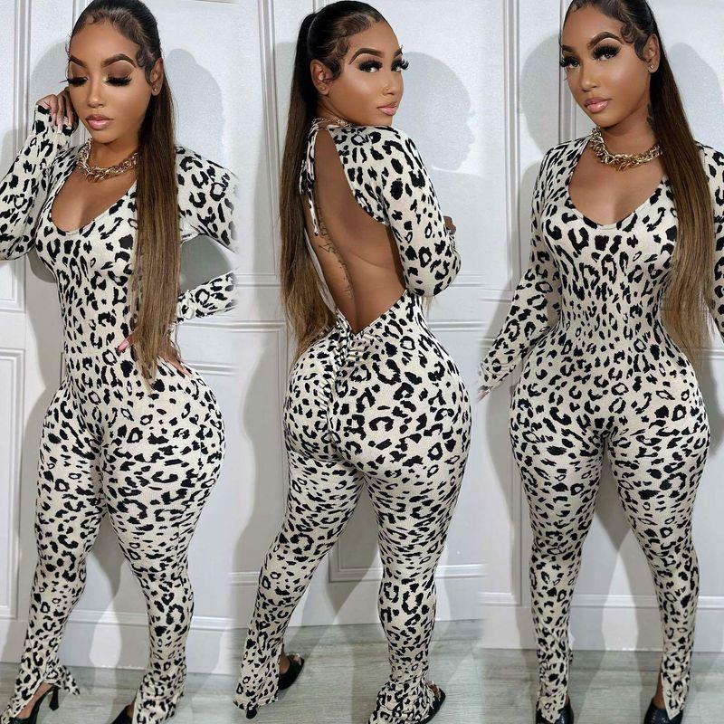 Ol6139 Amazon Cross-Border European and American Women's Casual Fashion Backless Leopard Print Jumpsuit Available In 2 Colors In Stock